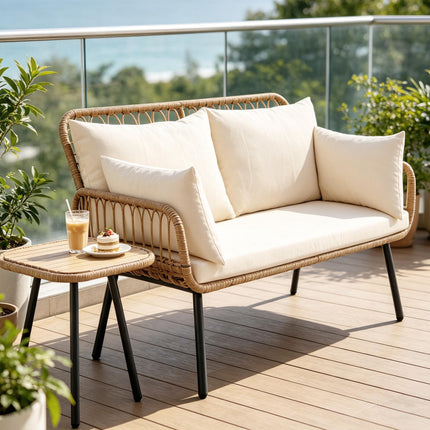 Dvivietė lauko sofa iš PE rotango su pagalvėlėmis, smėlio spalvos