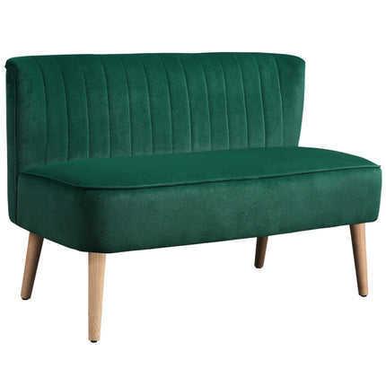 Dvivietė retro stiliaus sofa, tamsiai žalia, medinės kojelės, 117 cm