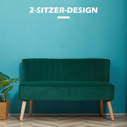Dvivietė retro stiliaus sofa, tamsiai žalia, medinės kojelės, 117 cm