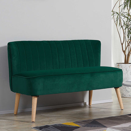 Dvivietė retro stiliaus sofa, tamsiai žalia, medinės kojelės, 117 cm