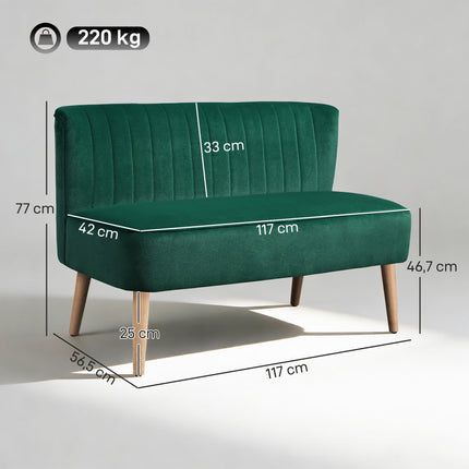 Dvivietė retro stiliaus sofa, tamsiai žalia, medinės kojelės, 117 cm
