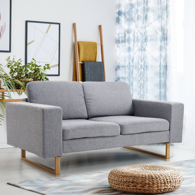Dvivietė sofa, kampinė sofa, apmušta sofa, audinio sofa, sėdimoji dalis, mediena, šviesiai pilka