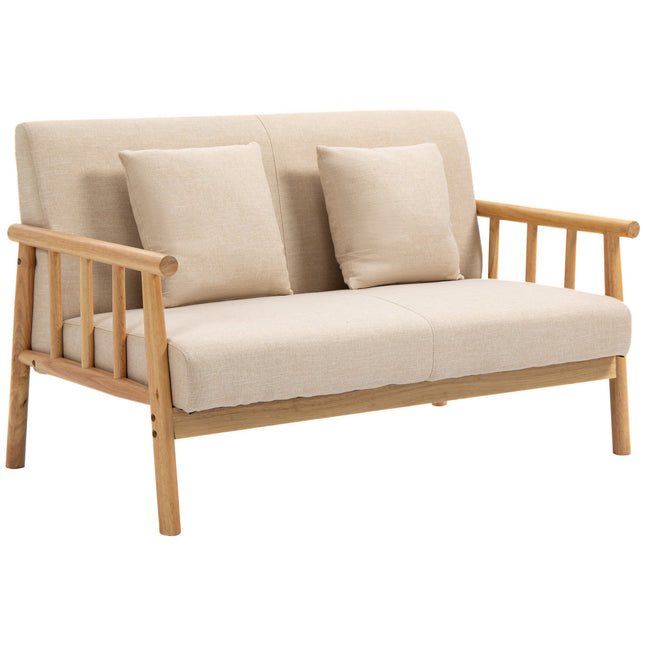 Dvivietė sofa su 2 juosmens pagalvėlėmis, paminkštinta mediniu rėmu, lino imitacijos dvigulė sofa, mažiems kambariams, smėlio spalvos