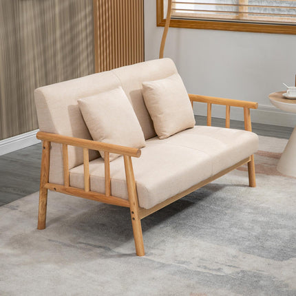 Beige 2-seater sofa with cushions, linen look, compact