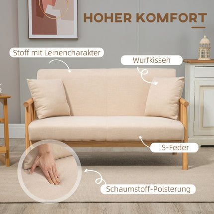 Beige 2-seater sofa with cushions, linen look, compact