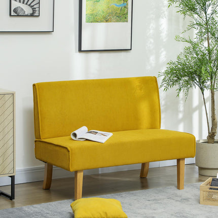 Dvivietė sofa, sofa su velveto imitacija, medinės kojelės, paminkštinta sofa, dvigulė sofa miegamajam, svetainei, 110 x 62 x 85 cm, geltona