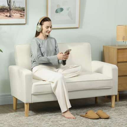 Dvivietė sofa, kreminės baltos spalvos, kaučiukmedžio kojelės, aksominis audinys