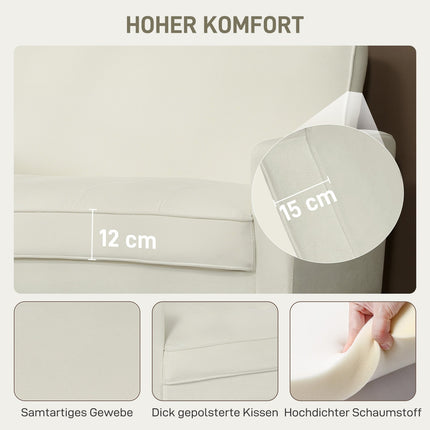 Dvivietė sofa, kreminės baltos spalvos, kaučiukmedžio kojelės, aksominis audinys