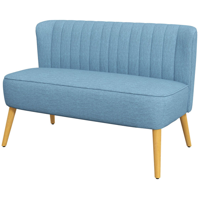 Dvivietė sofa, dvigulė su lino imitacija, dvigulė sofa su medinėmis kojelėmis, keliamoji galia iki 150 kg, mėlyna, 117 x 56,5 x 77 cm