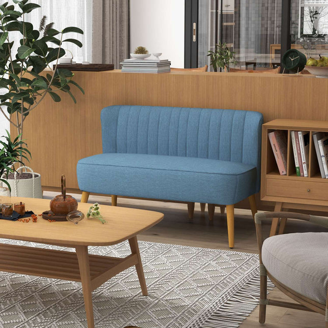 Dvivietė sofa, dvigulė su lino imitacija, dvigulė sofa su medinėmis kojelėmis, keliamoji galia iki 150 kg, mėlyna, 117 x 56,5 x 77 cm