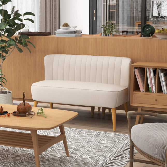 Dvivietė sofa, dvigulė su lino imitacija, dvigulė sofa su medinėmis kojelėmis, keliamoji galia iki 150 kg, kreminės baltos spalvos, 117 x 56,5 x 77 cm