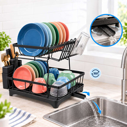 2-Tier Dish Drainer with Integrated Drain and Glass Holder, Black, 47.5 cm Wide