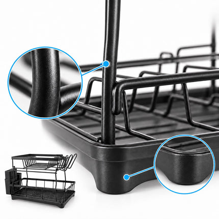 2-Tier Dish Drainer with Integrated Drain and Glass Holder, Black, 47.5 cm Wide