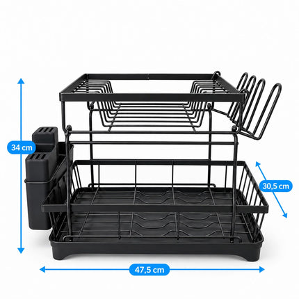 2-Tier Dish Drainer with Integrated Drain and Glass Holder, Black, 47.5 cm Wide