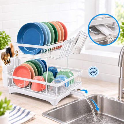 2-Tier Dish Drainer with Integrated Drain and Glass Holder, White, 47.5 cm Wide