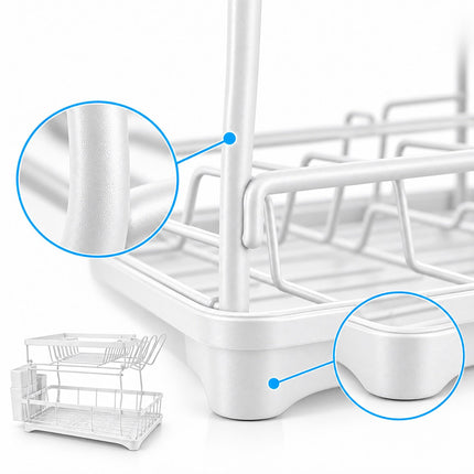 2-Tier Dish Drainer with Integrated Drain and Glass Holder, White, 47.5 cm Wide