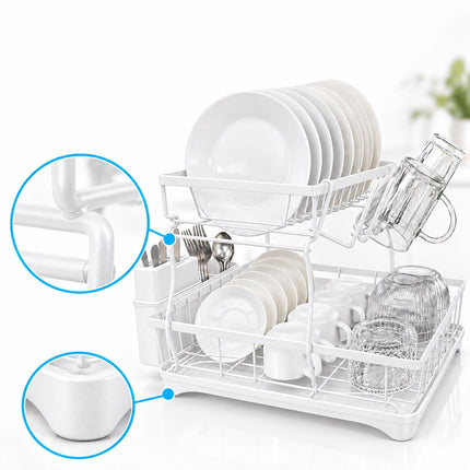 2-Tier Dish Drainer with Integrated Drain and Glass Holder, White, 47.5 cm Wide