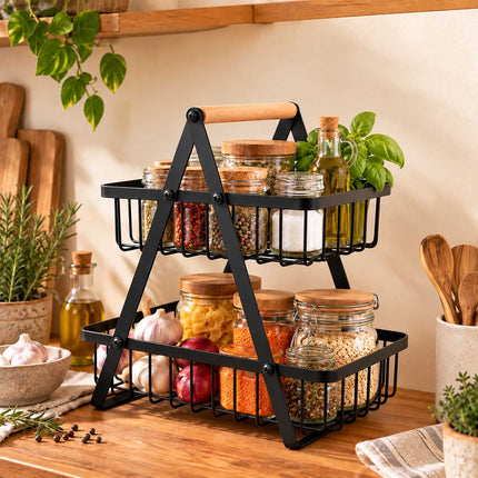 2-Tier Fruit Basket Stand with Square Wire Baskets – Black, Iron, Beech Wood