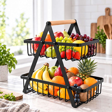 2-Tier Fruit Basket Stand with Square Wire Baskets – Black, Iron, Beech Wood