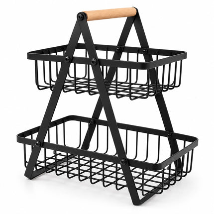 2-Tier Fruit Basket Stand with Square Wire Baskets – Black, Iron, Beech Wood