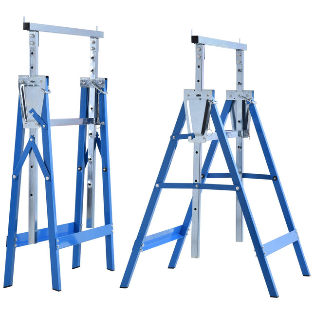 2 X Pastolių estakados, sulankstomos, reguliuojamo aukščio iki 200 kg, plieninės, mėlynos, 68 x 58 x 80-130 cm