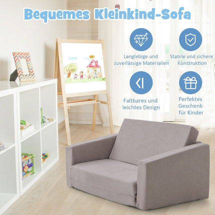 2 viename sulankstoma vaikiška sofa su aksominiu audiniu, apmuštas vaikiškas fotelis, 77 x 43 x 40 cm, tamsiai pilka
