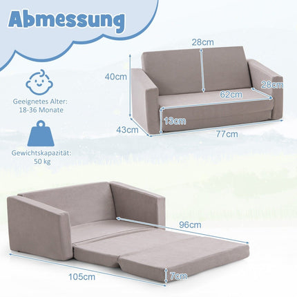 2 viename sulankstoma vaikiška sofa su aksominiu audiniu, apmuštas vaikiškas fotelis, 77 x 43 x 40 cm, tamsiai pilka