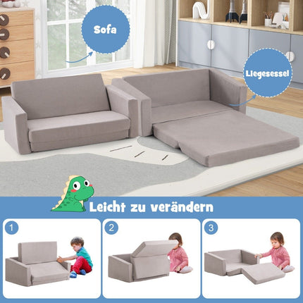 2 viename sulankstoma vaikiška sofa su aksominiu audiniu, apmuštas vaikiškas fotelis, 77 x 43 x 40 cm, tamsiai pilka