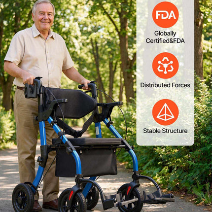 2-in-1 Rollator Walker Transport Chair, Foldable 300 lb