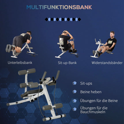 2 viename pilvo preso treniruoklis, pilvo raumenų treniruoklis su reguliuojamu pilvo raumenų suolu, reguliuojamo aukščio treniruoklis su LCD ekranu, skirtas raumenų auginimui, fitnesui, keliamoji galia iki 100 kg, plienas, baltas + pilkas