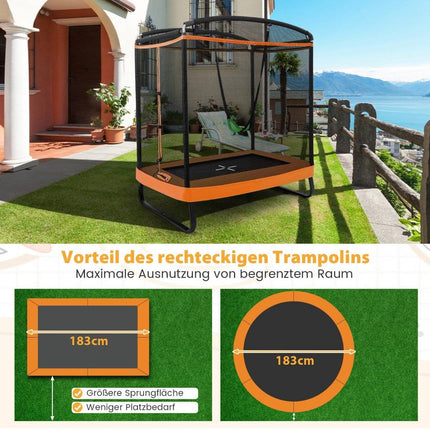 2 viename vaikiškas batutas su sūpynėmis, apsauginiu tinklu ir kraštų uždanga, oranžinis