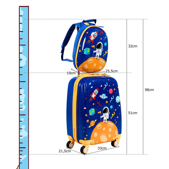 2 vnt. vaikiškas lagaminas + kuprinė, pagaminta iš plastikinio vaikiško vežimėlio, vaikiško bagažo astronautai