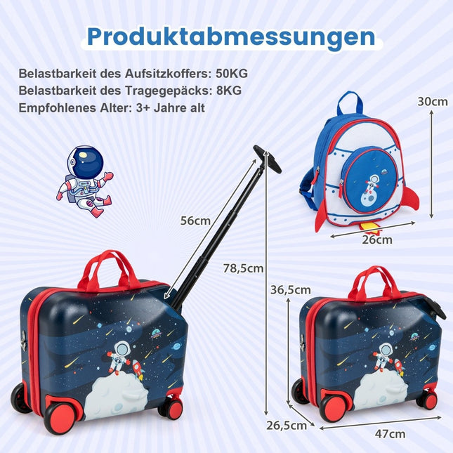 Dviejų dalių vaikiškas lagaminas + kuprinė: 47 cm ilgio lagaminas ir 30 cm pločio kuprinė (12"+18" astronautams)