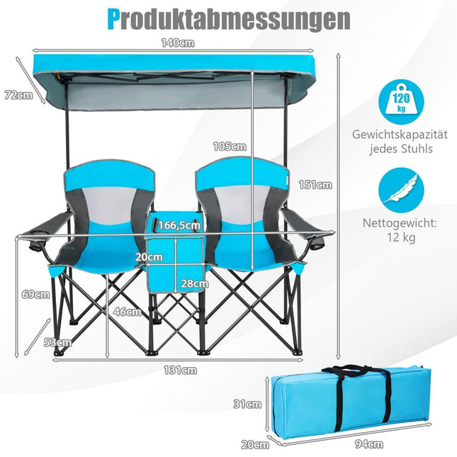 Dvivietė turistinė kėdė su apsauga nuo saulės, mini stalas, sulankstoma žvejybinė kėdė su nešiojimo krepšiu, 166 x 71 x 151 cm, mėlyna