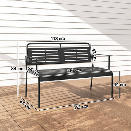 2-seater black garden bench, water-repellent, 240 kg capacity
