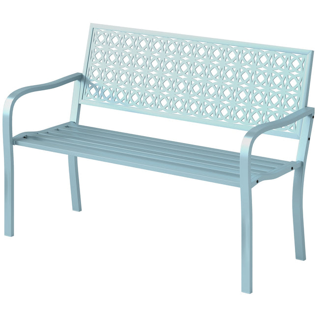 Dvivietis sodo suolas, atsparus oro sąlygoms, sodo baldai su atlošu ir porankiais, parko suolas, kurio keliamoji galia 240 kg, balkono suolas balkono terasai, sodas, 127 x 63 x 85 cm, mėlynas