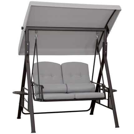 Dvivietės verandos sūpynės su stogeliu nuo saulės, pagalvėlėmis ir padėklu, modernios sodo sūpynės iš metalo ir poliesterio, pilkos, 162x118x173cm