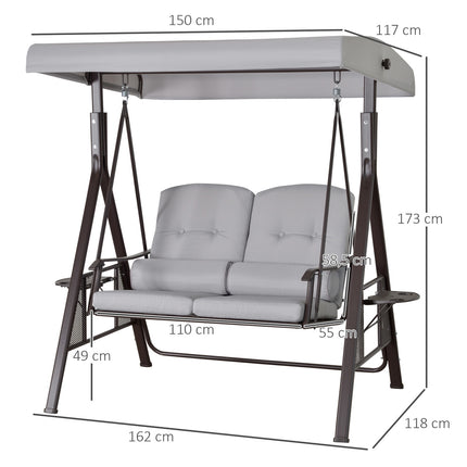Dvivietės verandos sūpynės su stogeliu nuo saulės, pagalvėlėmis ir padėklu, modernios sodo sūpynės iš metalo ir poliesterio, pilkos, 162x118x173cm
