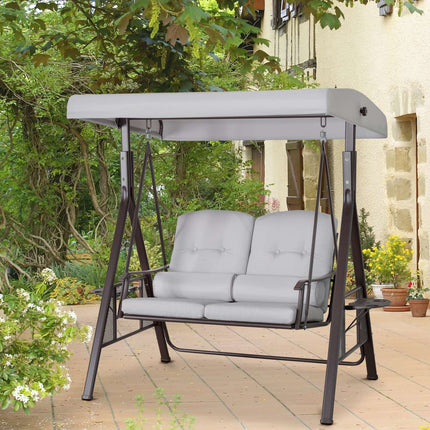Dvivietės verandos sūpynės su stogeliu nuo saulės, pagalvėlėmis ir padėklu, modernios sodo sūpynės iš metalo ir poliesterio, pilkos, 162x118x173cm