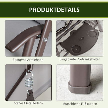 Dvivietės verandos sūpynės su stogeliu nuo saulės, pagalvėlėmis ir padėklu, modernios sodo sūpynės iš metalo ir poliesterio, pilkos, 162x118x173cm