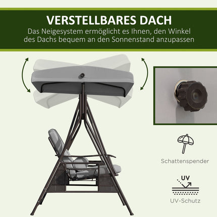 Dvivietės verandos sūpynės su stogeliu nuo saulės, pagalvėlėmis ir padėklu, modernios sodo sūpynės iš metalo ir poliesterio, pilkos, 162x118x173cm