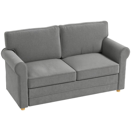 Dvivietė sofa, kompaktiška svetainės sofa, lino imitacijos audinys, minkštos sėdynės pagalvėlės, plieninis rėmas, tamsiai pilka