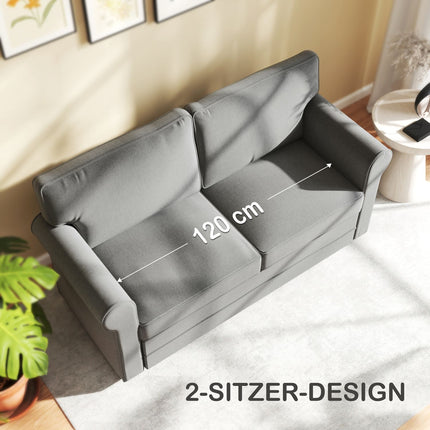 Dvivietė sofa, kompaktiška svetainės sofa, lino imitacijos audinys, minkštos sėdynės pagalvėlės, plieninis rėmas, tamsiai pilka