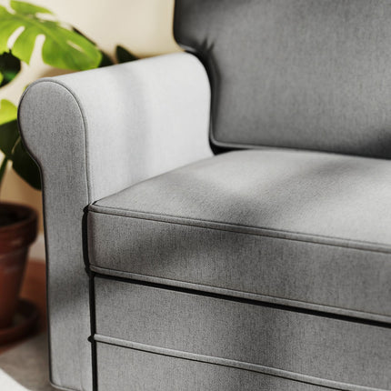 Dvivietė sofa, kompaktiška svetainės sofa, lino imitacijos audinys, minkštos sėdynės pagalvėlės, plieninis rėmas, tamsiai pilka
