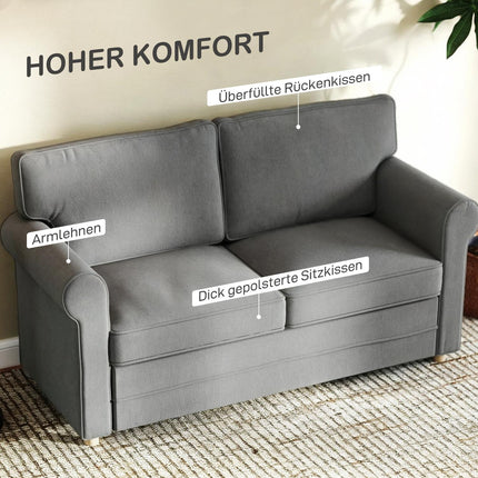 Dvivietė sofa, kompaktiška svetainės sofa, lino imitacijos audinys, minkštos sėdynės pagalvėlės, plieninis rėmas, tamsiai pilka