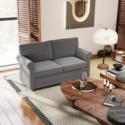 Dvivietė sofa, kompaktiška svetainės sofa, lino imitacijos audinys, minkštos sėdynės pagalvėlės, plieninis rėmas, tamsiai pilka