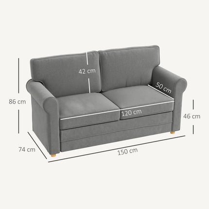 Dvivietė sofa, kompaktiška svetainės sofa, lino imitacijos audinys, minkštos sėdynės pagalvėlės, plieninis rėmas, tamsiai pilka