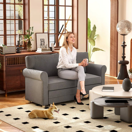 Dvivietė sofa, kompaktiška svetainės sofa, lino imitacijos audinys, minkštos sėdynės pagalvėlės, plieninis rėmas, tamsiai pilka