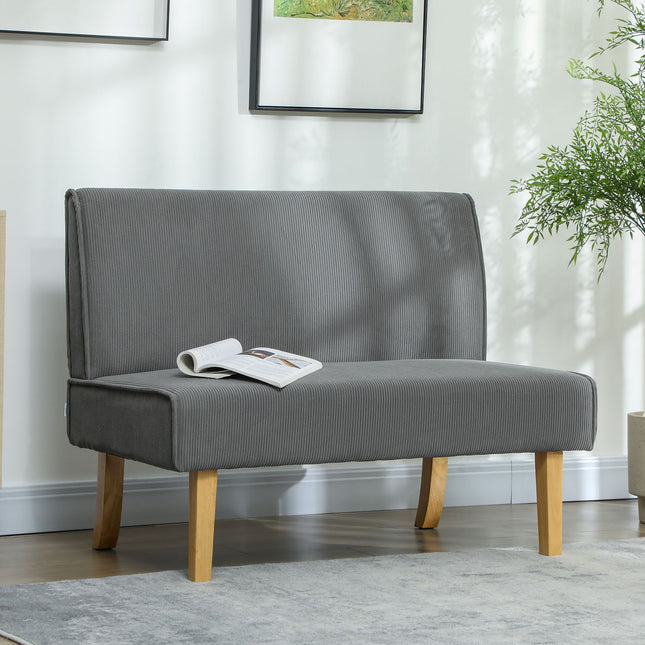 Dvivietė sofa, velveto imitacijos sofa, medinės kojelės, paminkštinta sofa, dvigulė sofa miegamajam, svetainei, 110 x 62 x 85 cm, pilka