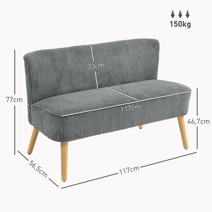 Dvivietė sofa, velveto imitacijos sofa, medinės kojelės, paminkštinta sofa, dvigulė sofa svetainei, miegamajam, 117 x 56,5 x 77 cm, pilka